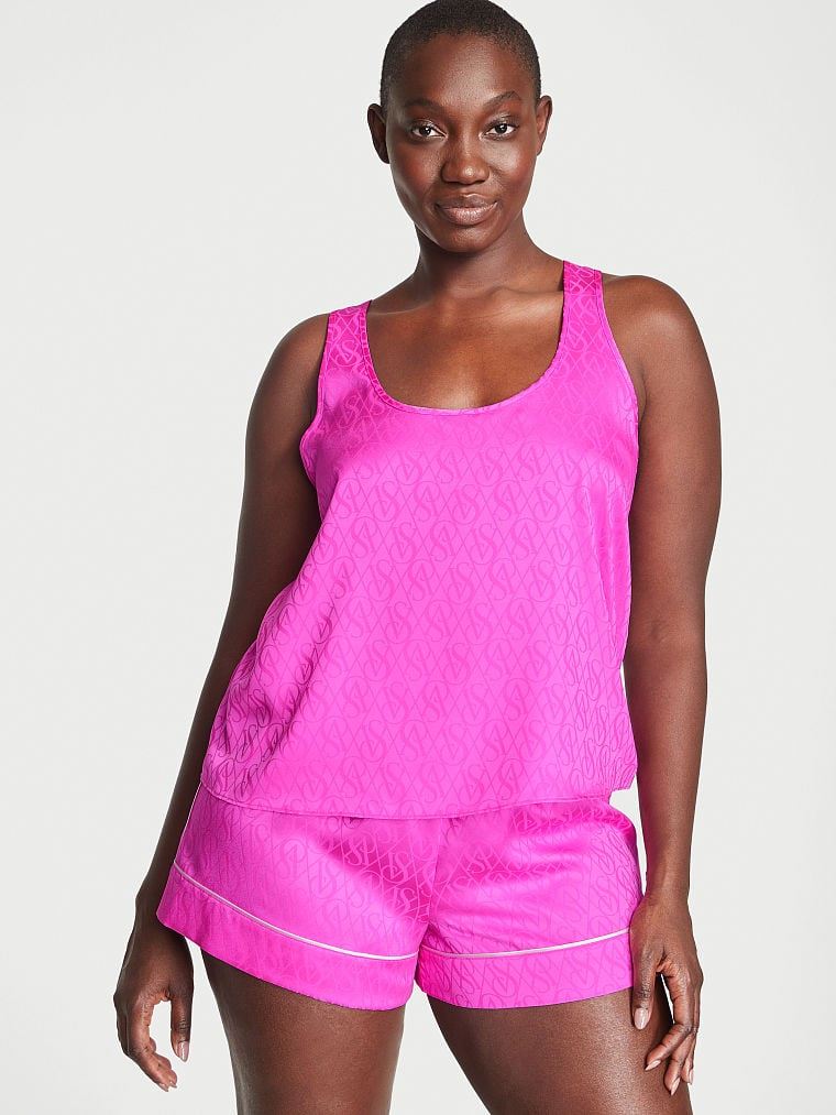 Рожева атласна піжама з принтом Victoria's Secret PINK BERRY SATIN SHORT PJ розмір S