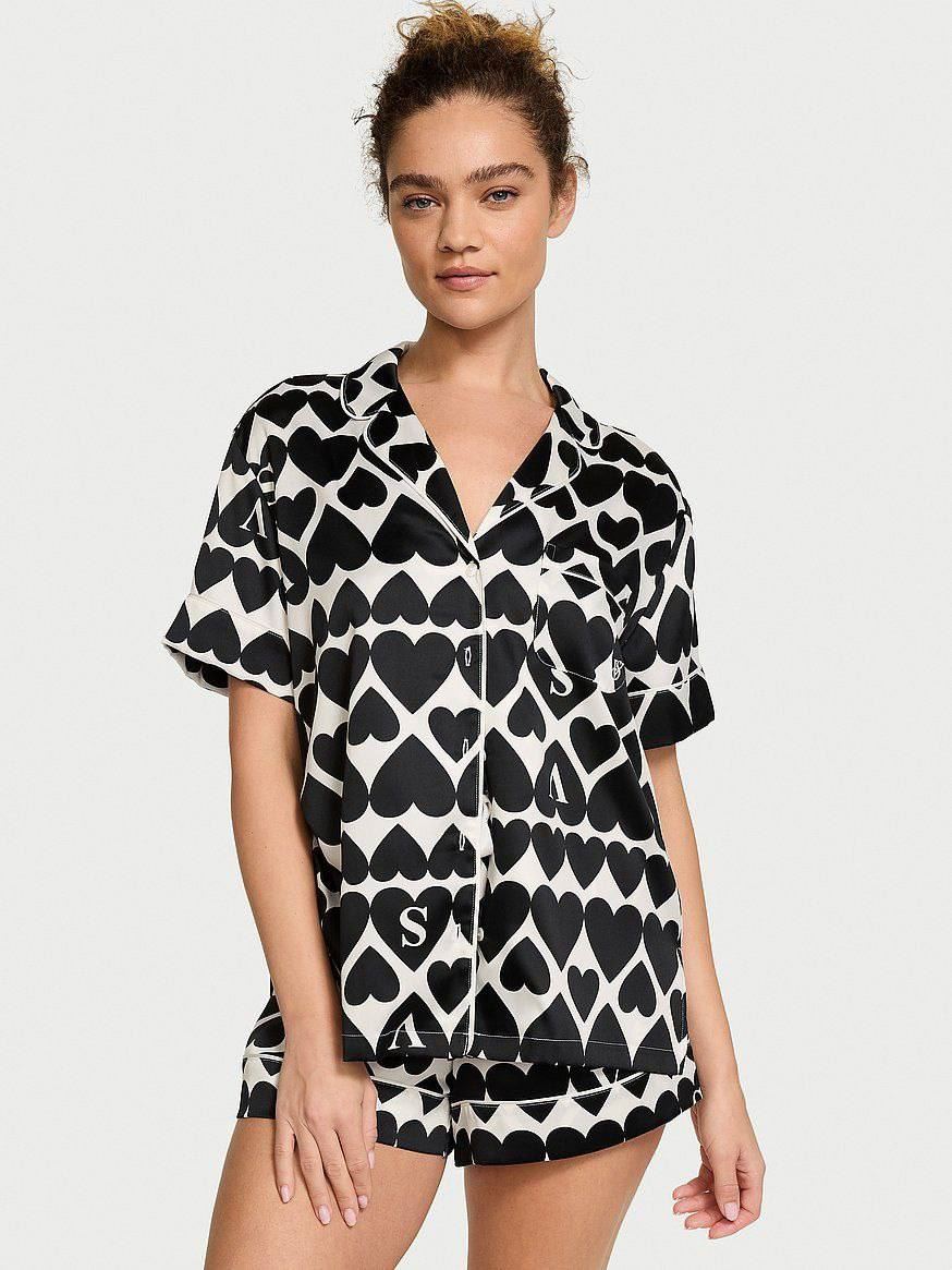 Сатинова піжама Glazed Satin Short Pajama Set Victoria's Secret чорно-білі серця S
