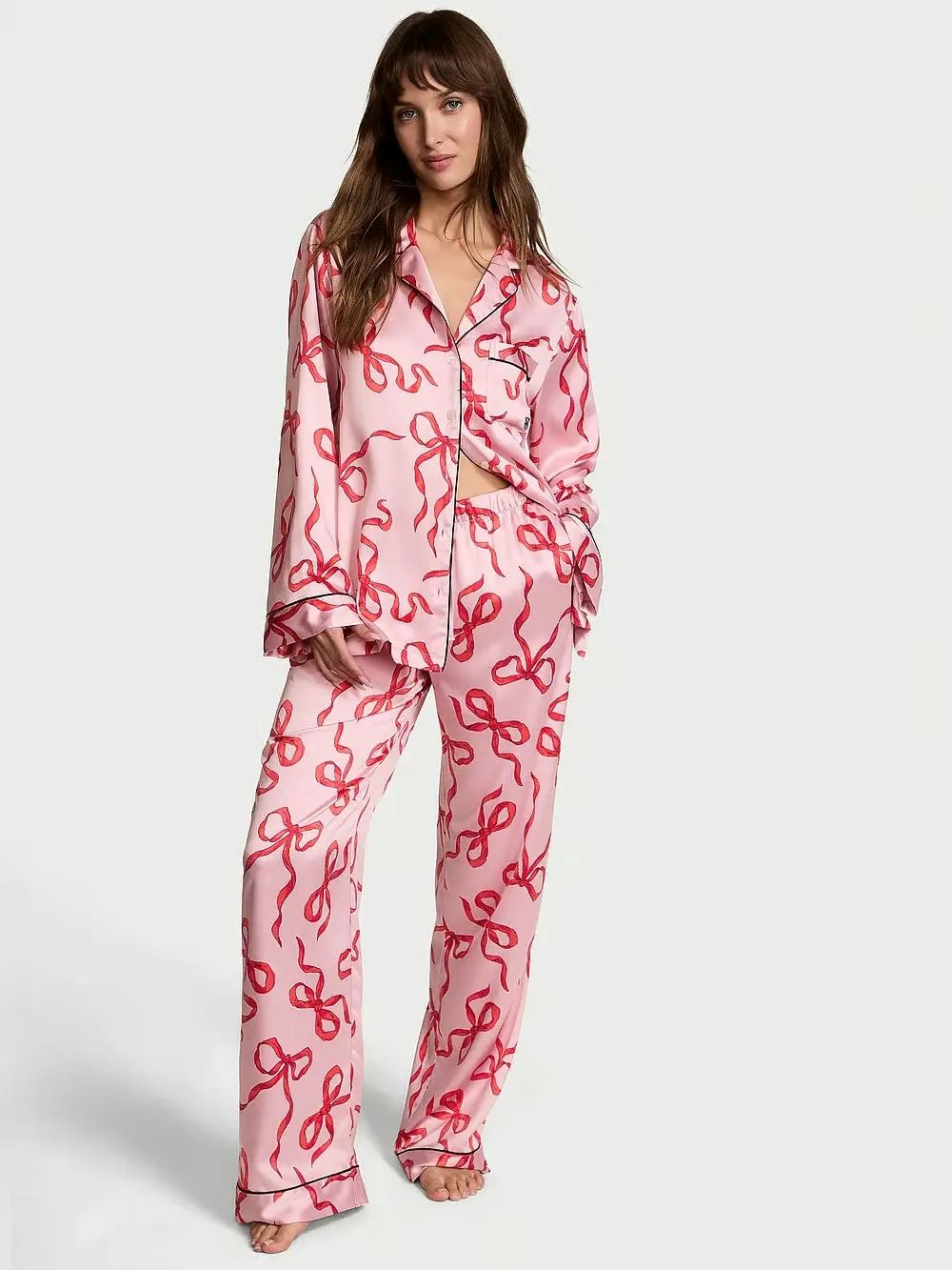 Атласна піжама з штанами Glazed Satin Long PJ Set Victoria's Secret рожева з бантиками Xs regular