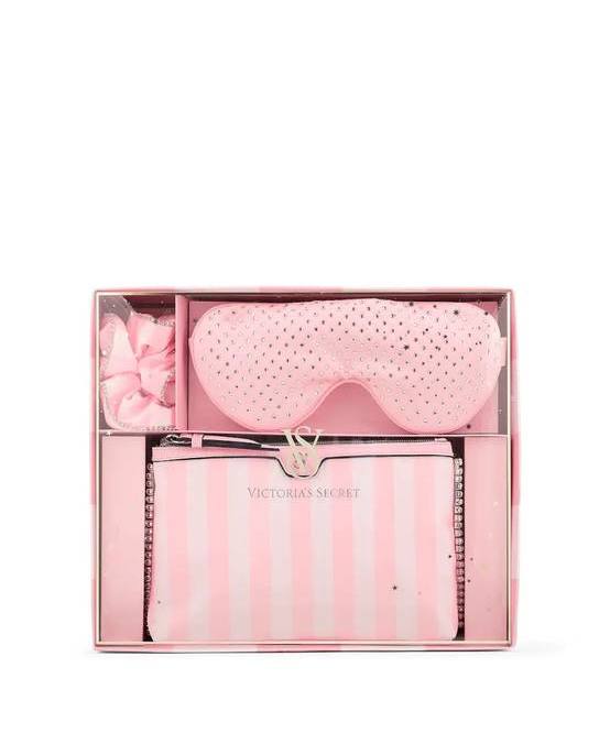 ПОДАРУНКОВИЙ НАБІР VICTORIA'S SECRET TRAVEL KIT GIFT SET, РОЖЕВА СМУЖКА ( косметичка, резинка, маска для сну)
