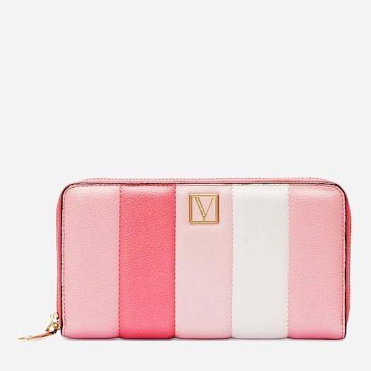 Victoria Secret zip around PUFFER wallet Pink striped logo гаманець
