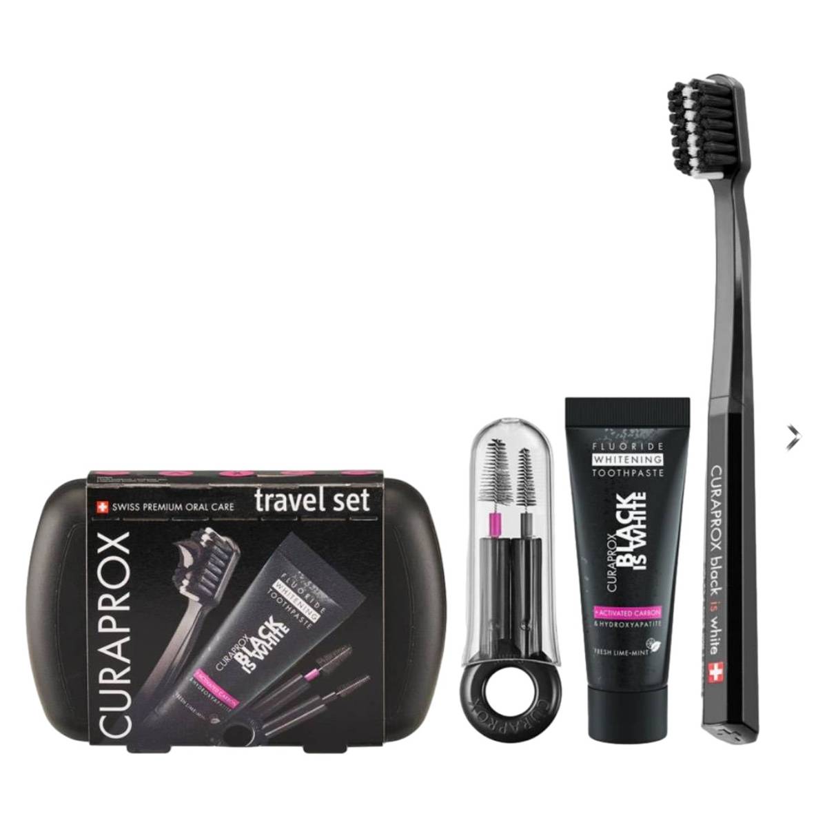 Дорожній набір для догляду за ротовою порожниною Curaprox Travel Set Black is White: Розкладна щітка CS5460 Ultra Soft + Зубна паста з активованим вугіллям Black is White 10 мл + Йоржики + Тревел-кейс
