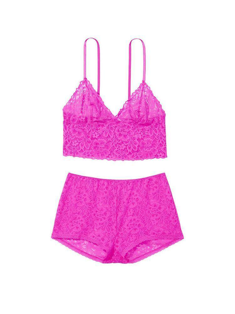 Мереживний комплект топ с шортиками Cami Boyshort Set Victoria's Secret рожевий розмір M