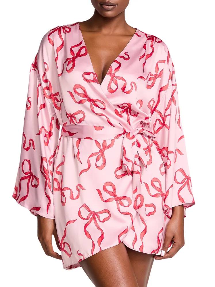 Сатиновий халат Victoria's Secret Pink Bows Satin Short Robe рожеві банти розмір M/L