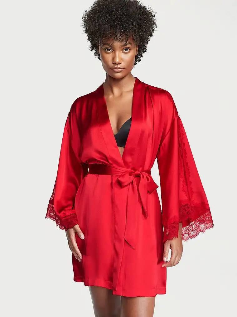 Халат Victoria Secret Satin Lace Inset Robe Lipstick червоний Xs/S
