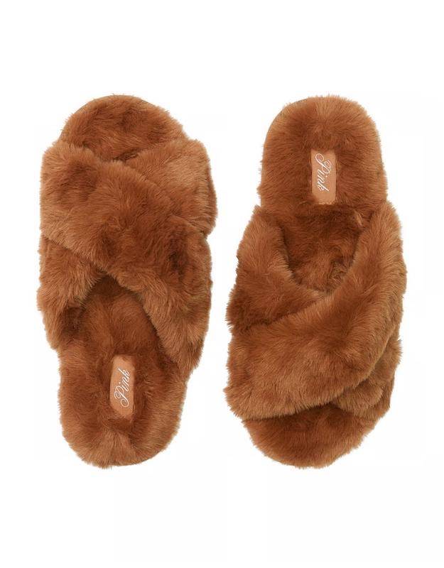 Victoria's Secret/Pink Домашні Тапочки Faux Fur Slippers Pure Brown Size: S Коричневі переплетені