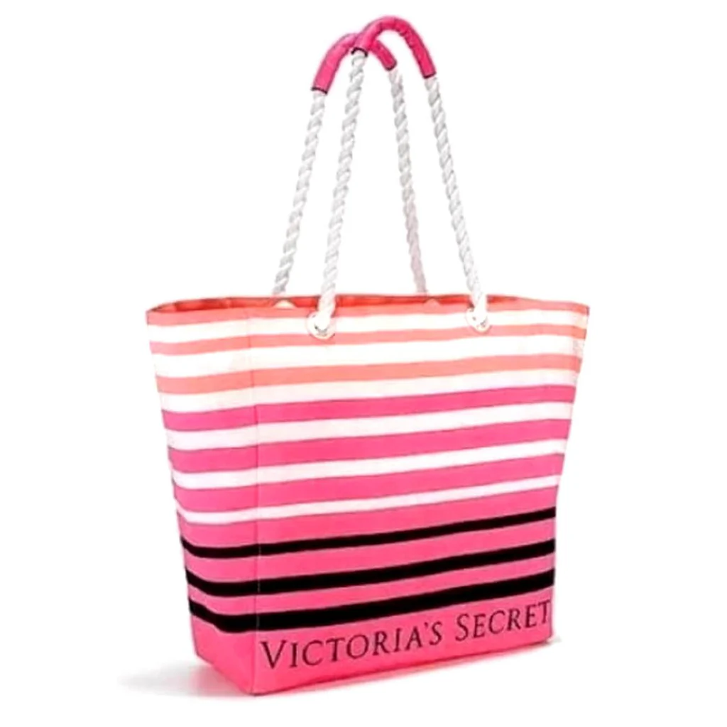 Victoria's Secret сумка пляжна котон в смужку відкрита Limited Edition Summer Tote Beach Bag Rope Handle колір - смужка рожева чорна біла