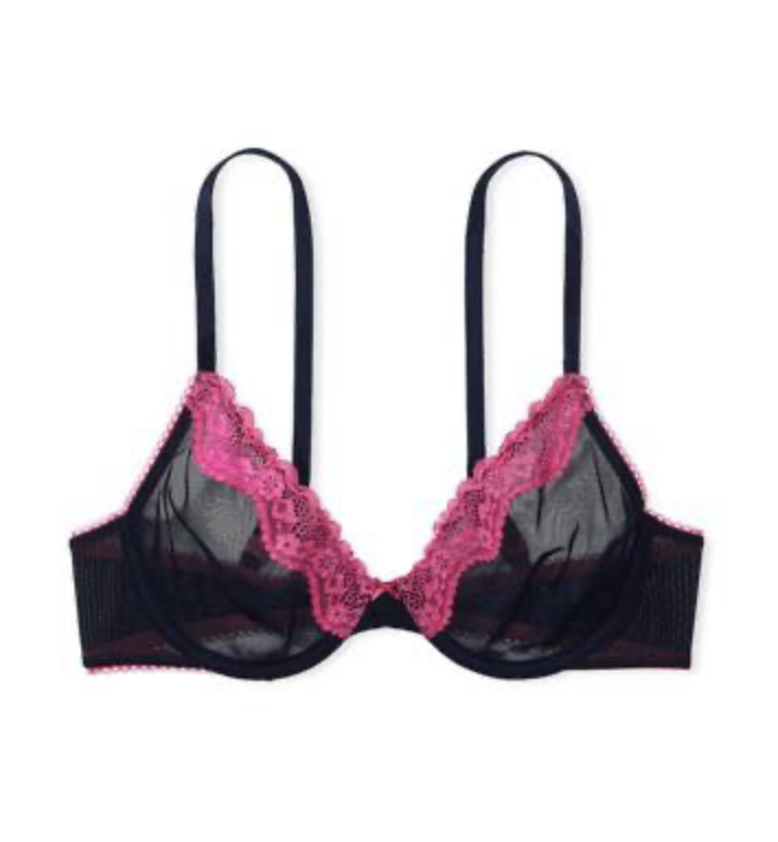 Мережевий синій бюстгальтер з рожевим вставками Victoria's Secret Tease Lace-Trim Unlined Demi Bra Size 34D
