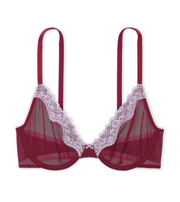 Мережевий бордовий бюстгальтер з ніжно-рожевими вставками Tease Unlined Demi Bra Campari Red Size 34C
