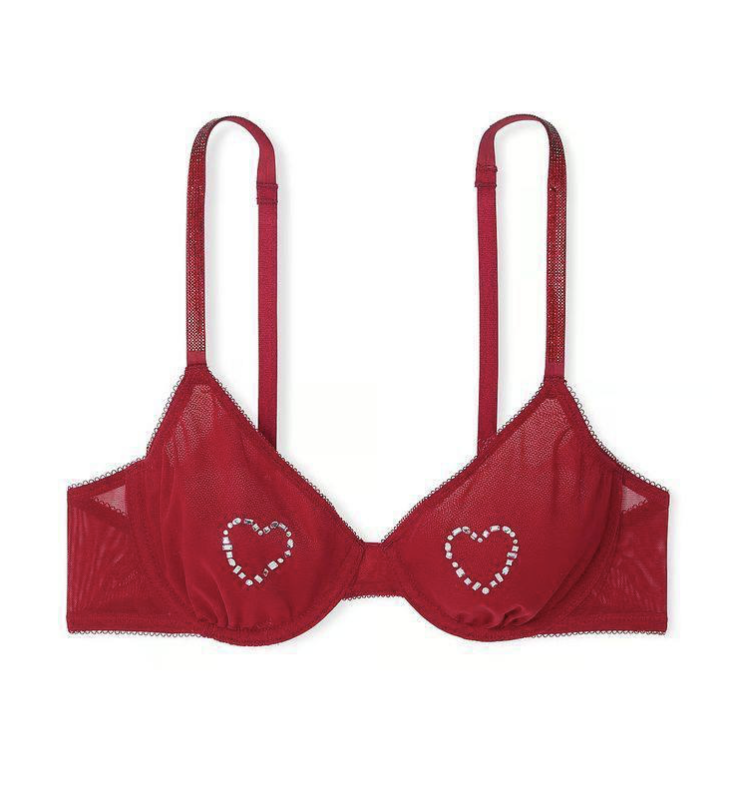 Мережевий червоний бюстгальтер зі стразами у формі серця Victoria's Secret Sheer Shine Motif Unlined Low-Cut Demi Bra Size 34D