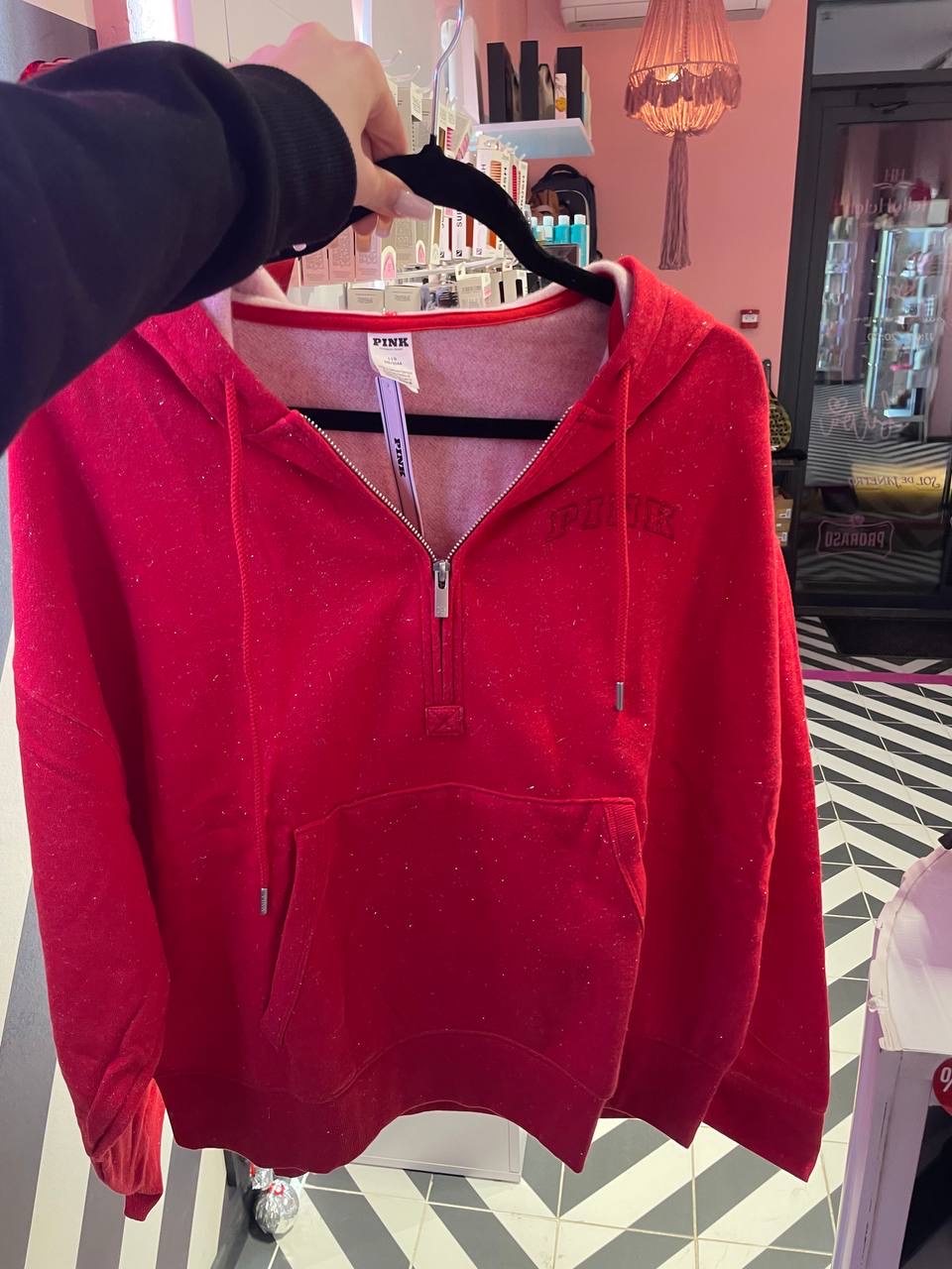 Жіночий червоний худі на блискавці з логотипом Pink від бренду Victoria's Secret Campus Cotton Tee Size L
