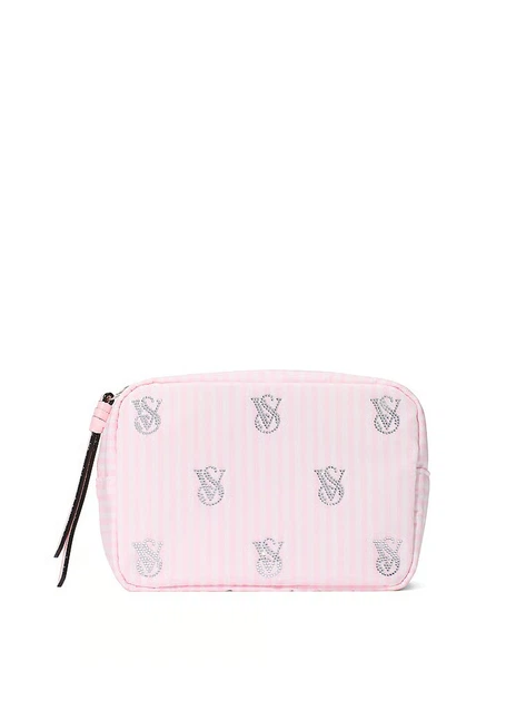 Косметичка рожева в полоску зі стразами Victoria's Secret Shine Logo Travel Makeup Bag