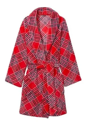 Халат плюшевий короткий Victoria’s Secret Cozy Push Robe колір - червоний в клітинку, розмір - XS/S