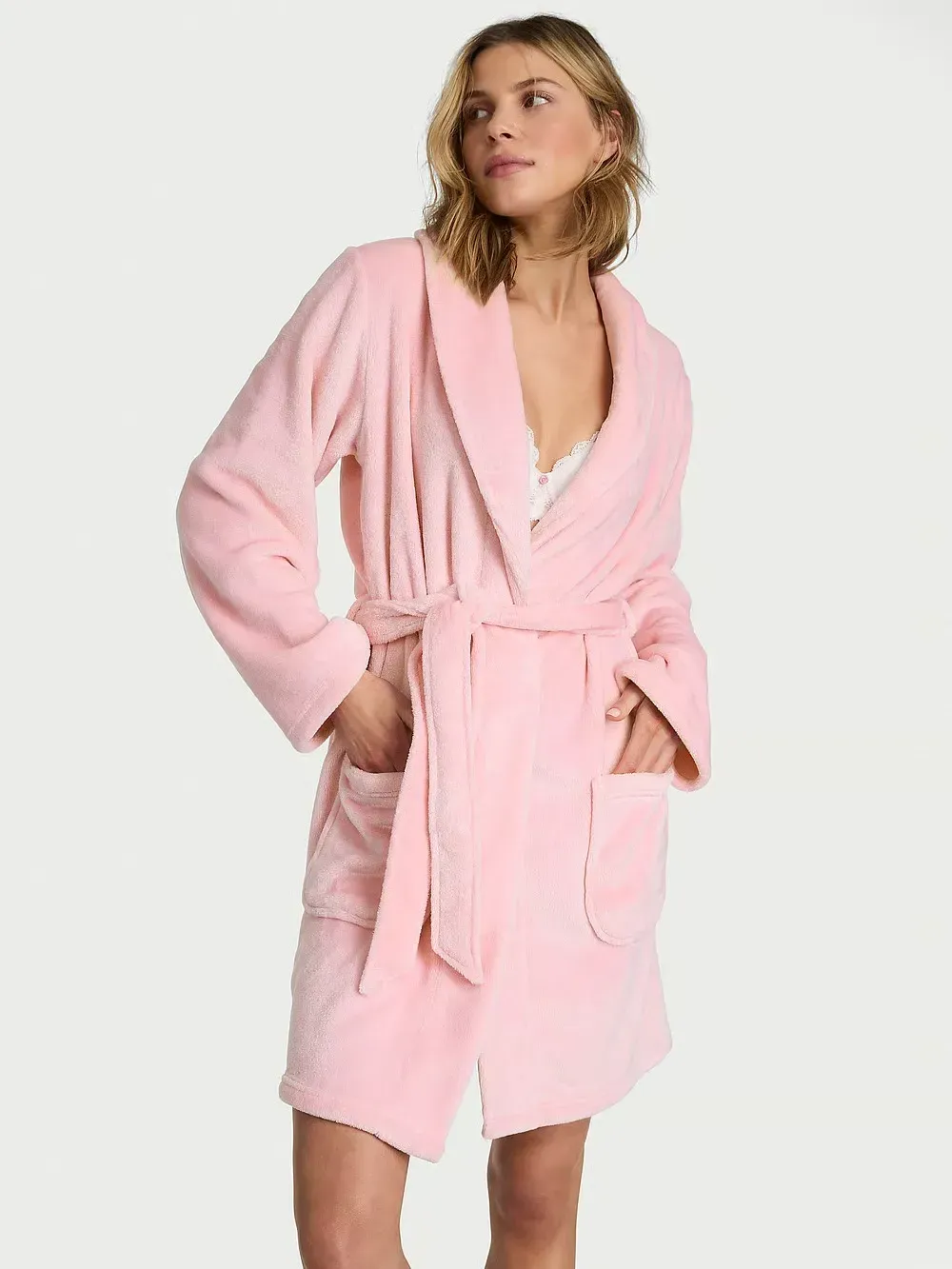 Халат короткий теплий рожевий Cozy Plush Robe Pink Victoria's Secret M/L