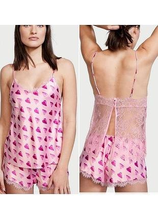 Сатиновий комплект майка шорти рожева з серцями Victoria's Secret XL