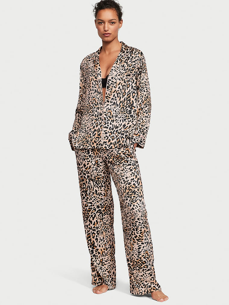 Сатинова піжама Satin Long Pajama Set Wavy Leopard Victoria's Secret розмір L regular