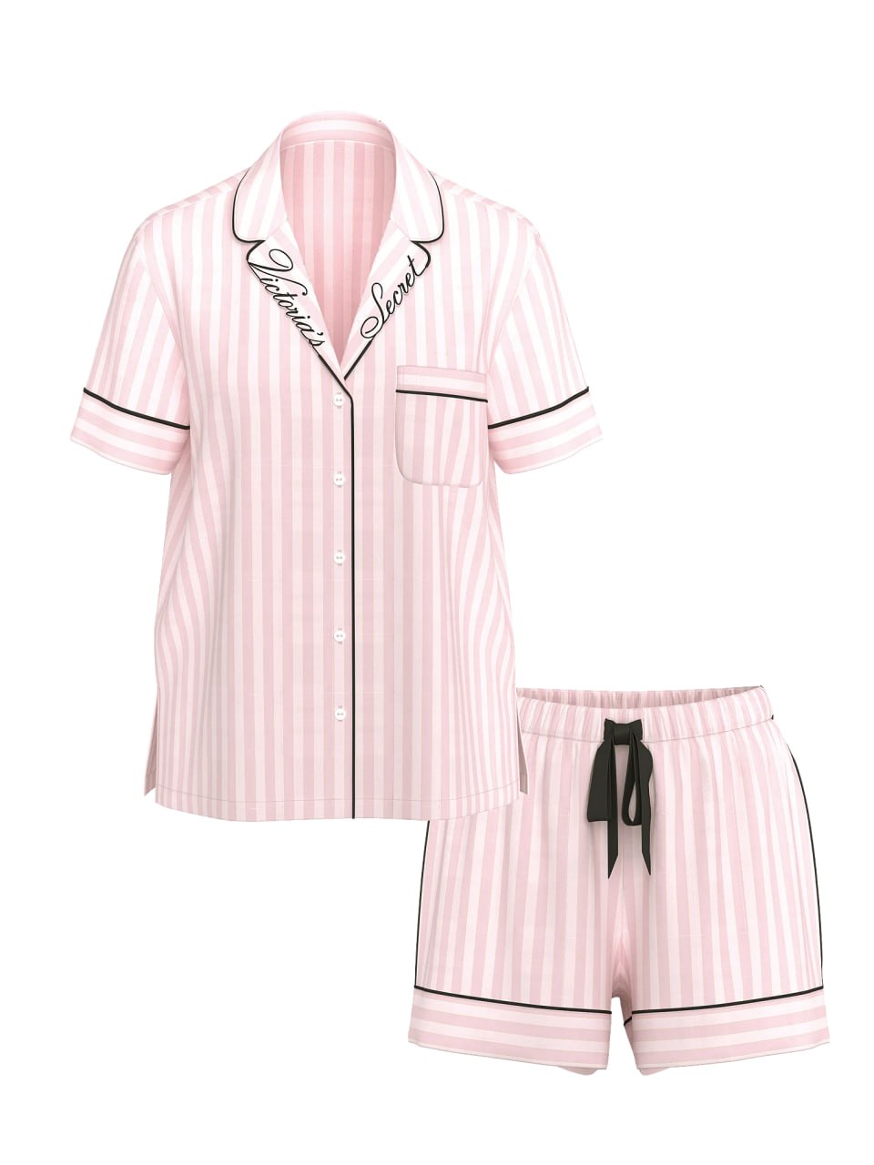 Піжама сатинова рожева в смужку і логотипом на комірі з шортами Victoria's Secret Glazed Satin Short Pajama Set Pink Stripe Size S