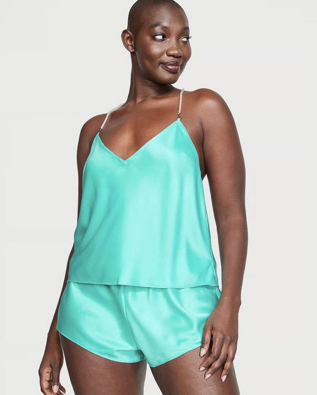 Комплект майка шорти Victoria's Secret Satin Draped Pearl Strap Open-Back Cami Set бірюзовий з перлинами S