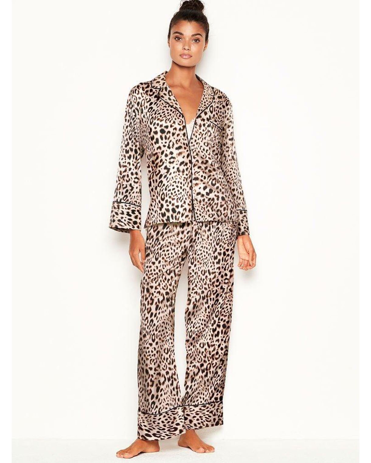 Піжама Victoria’s Secret Satin Long Pajama Set Champagne Leopard Print XL