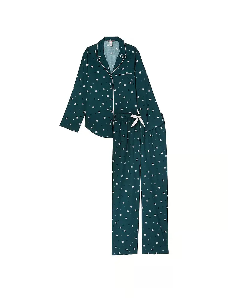 Піжама жіноча Victoria's Secret Flannel Long Pajama Set фланелева в сніжинки зелена S short