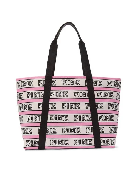 Сумка пляжна Victoria's Secret PINK Tote з рожево-білим смугастим візерунком та чорними ручками