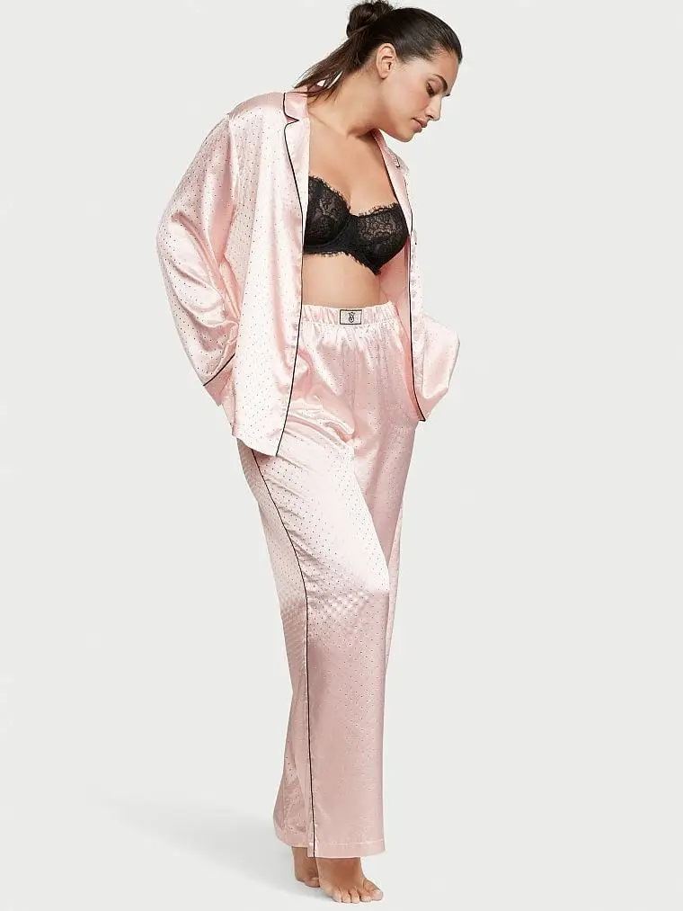 Сатинова Піжама Victoria's Secret Satin Long Pajama Set, Рожева зі стразами розмір Xs regular