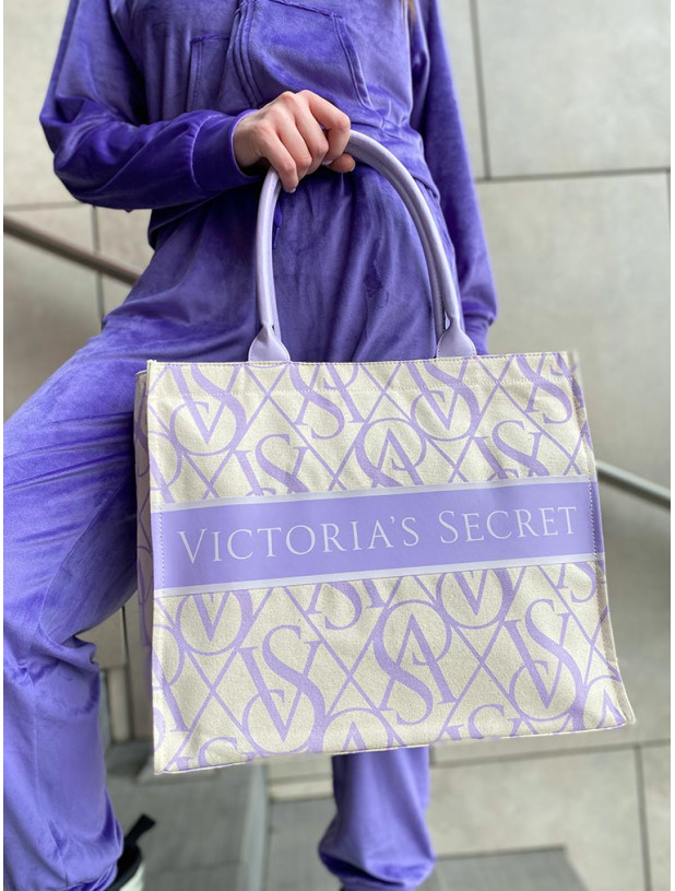 Сумка-Шопер з написом Victoria's Secret бежево-лавандова
