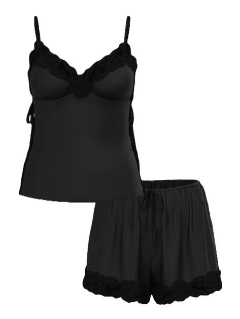 Піжама модал чорна майка з шортами Victoria's Secret Ribbed Modal & Lace Cami Shorts Set XS