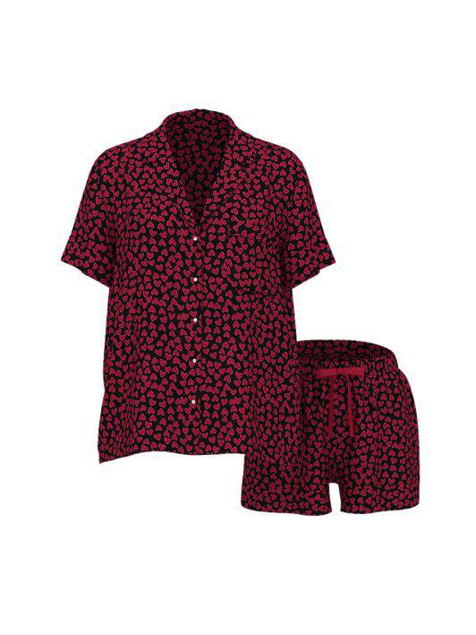 Піжама сатинова чорна в червоне сердечко з шортами Satin Short Pajama Set Lipstick Hearts Size XS