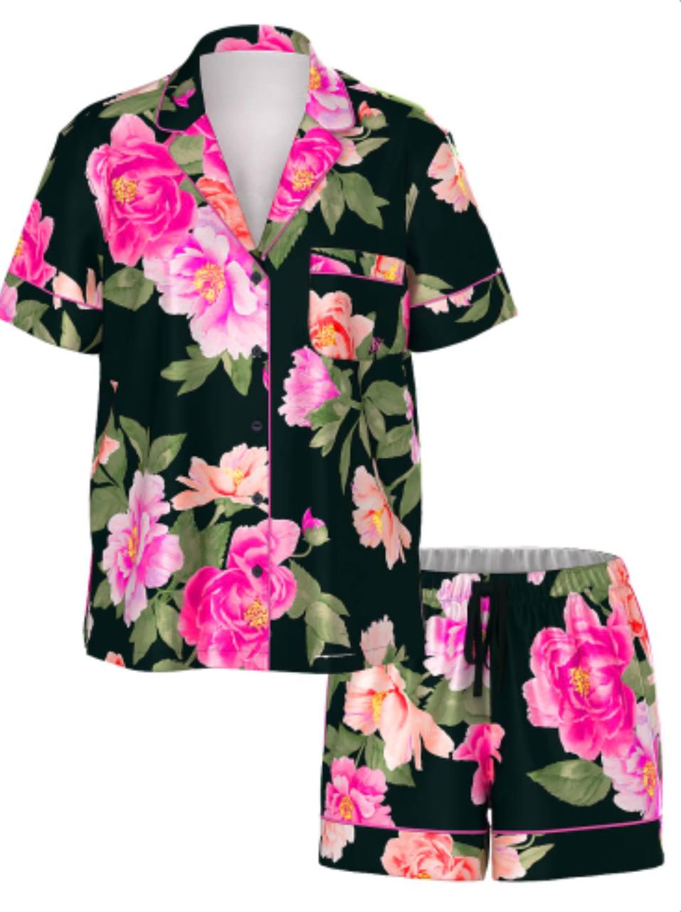 Піжама сатинова чорна з великими квітами з шортами Victoria’s Secret Glazed Satin Short Pajama Set Size XS
