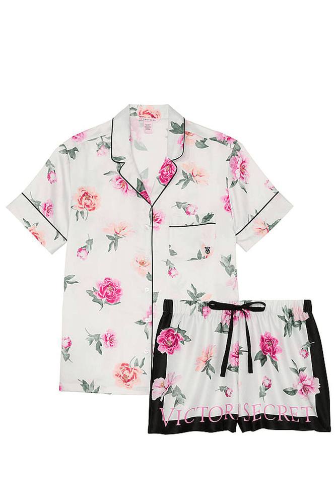 Піжама сатинова біла з квітами з шортами Victoria’s Secret Glazed Satin Short Pajama Set Peony Floral Size XS