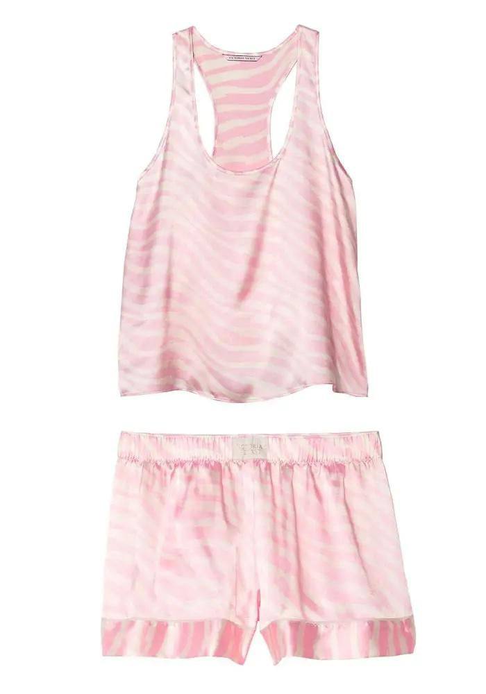 Піжама сатинова рожева в полоску зебра майка з шортами Victoria's Secret Satin Racerback Pink Zebra Size M