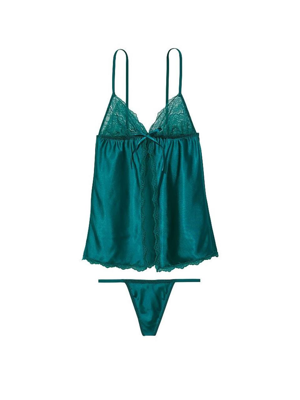 Піжама сатинова смарагдова Victoria’s Secret Spruce Green Satin Tie Front Babydoll Set Size S