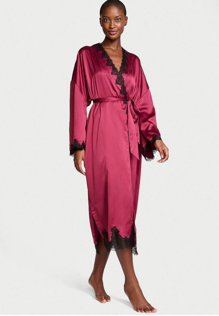 Халат сатиновий довгий з відкриою спиною Victoria's Secret Satin & Rose Lace Open-Back Long Robe, колір - бордо, розмір - M/L