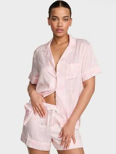 Піжама сатинова біла з лого VS з шортами Victoria's Secret Glazed Satin Short Pajama Set Size S