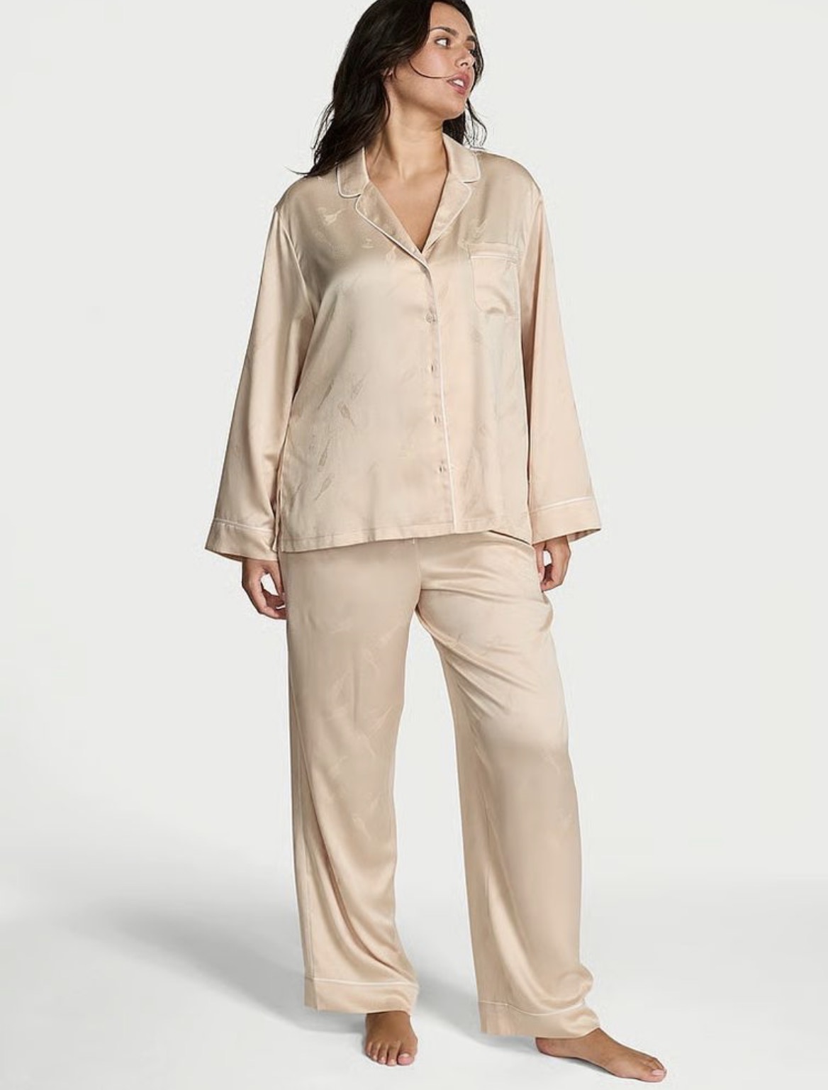 Сатинова бежева піжама Victoria's Secret Glazed Satin Champagne Long Pajama Set Size M
