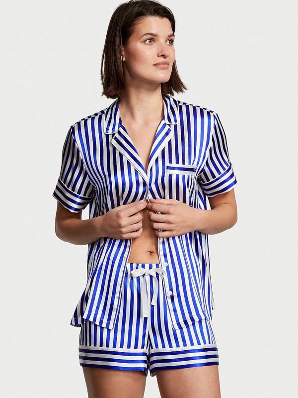 Сатинова піжама Victoria's Secret Satin Short Pajama Set синьо-біла смужка M