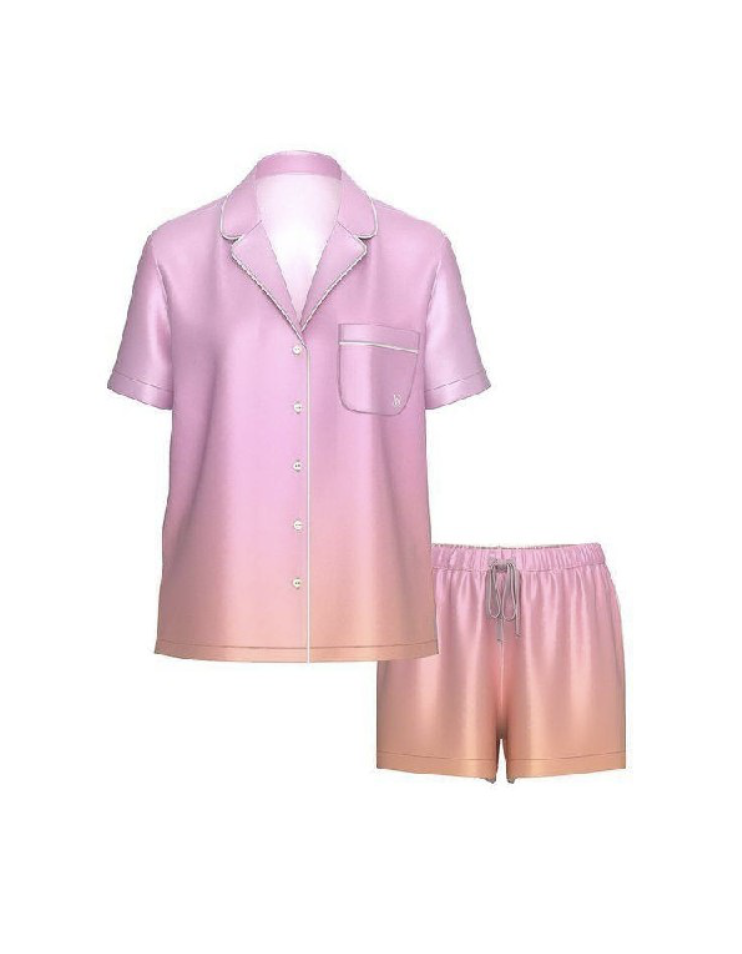 Піжама сатинова рожево-помаранчева градієнт з шортами Victoria's Secret Glazed Satin Ombré Short Pajama Set Size S
