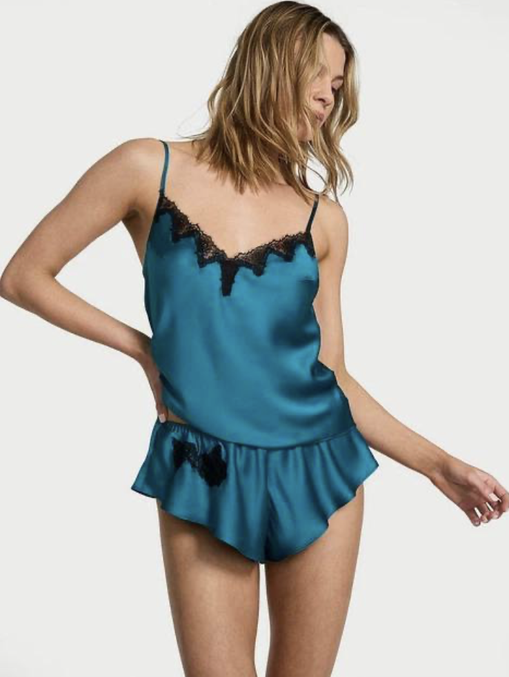 Піжама сатинова синя майка з шортами Вікторія Сікрет Victoria's Secret Satin Rose Lace-Trim Cami & Flutter Short Set Size XS