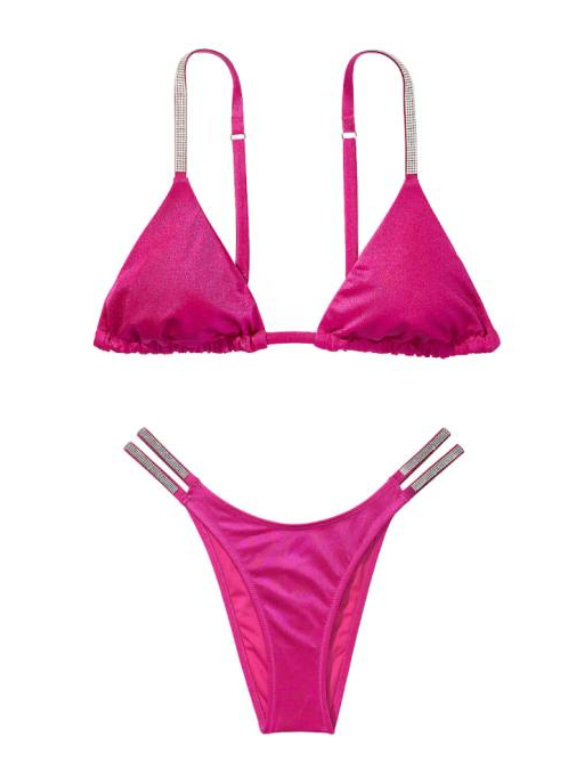 Купальник рожевий зі стразами Shine Strap Triangle Bikini Top Shine Strap Brazilian Bikini Bottom Berry Blush Size S