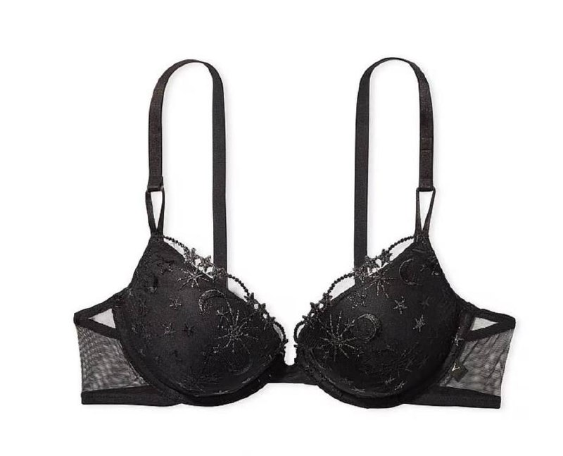 Бюстгальтер чорний з зірками і місцем Victoria' Secret Sexy Tee Embroidery Push-Up Black Size 36DDD