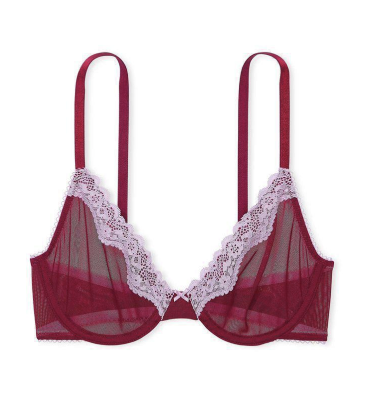 Мережевий бордовий бюстгальтер з ніжно-рожевими вставками Tease Unlined Demi Bra Campari Red Size 36C