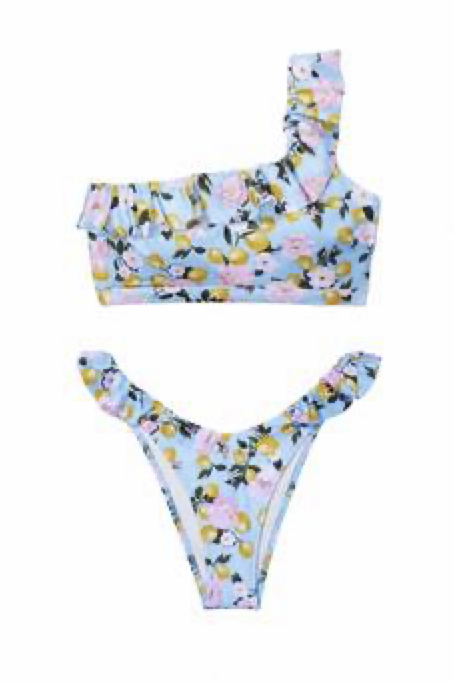 Купальник блакитний з лимонами Victoria’s Secret Swim Ruffle One Shoulder Bikini Top Size L