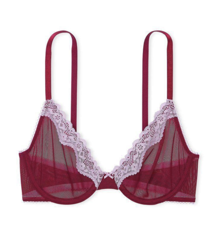 Мережевий бордовий бюстгальтер з ніжно-рожевими вставками Tease Unlined Demi Bra Campari Red Size 36B