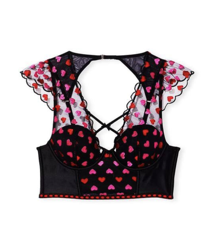 Бюстгальтер чорний з сердечками Victoria's Secret Lightly Padded Short-Sleeved Bustier with Heart Embroidery Size XS
