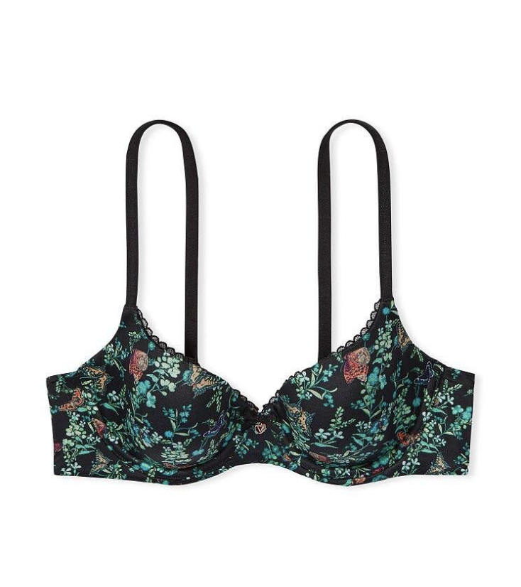 Бюстгальтер чорний з зеленими листями Victoria’s Secret Smooth, Lightly Supportive Demi Bra Size 32C