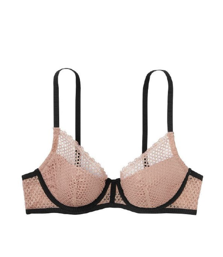 Бюстгальтер бежевий чорний Victoria's Secret Luxe Lingerie Fishnet Lace Push-up Bra Size 32C
