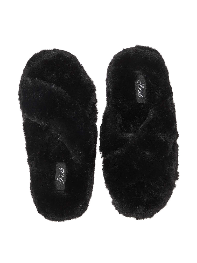 Капці домашні Victoria's Secret Pink Faux Fur Slipper чорного кольору зі штучного хутра, Size S