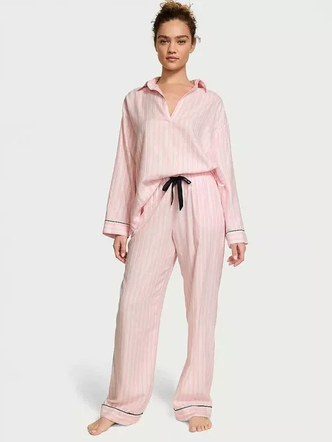 ПІЖАМА фланелева FLANNEL POPOVER LONG PAJAMA SET PRETTY BLOSSOM біло-рожева смужка розмір Xs regular