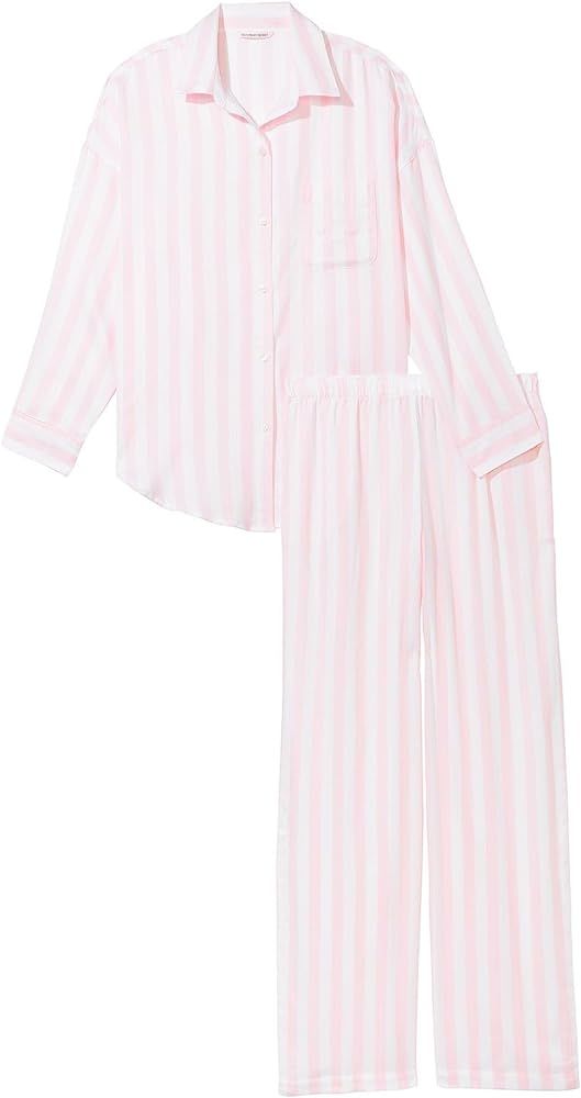 Піжама котонова біло-рожева смужка Victoria's Secret Cotton Long Pajama Set розмір XL short